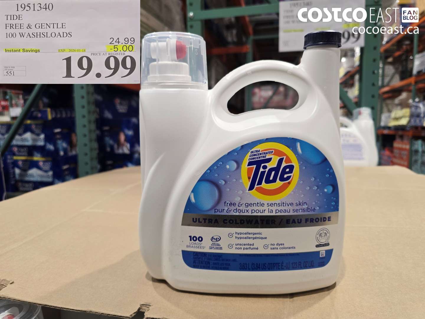 1951340 TIDE FREE & GENTLE 100 WASHSLOADS ($5.00 INSTANT SAVINGS EXPIRES ON 2026-01-18) $19.99