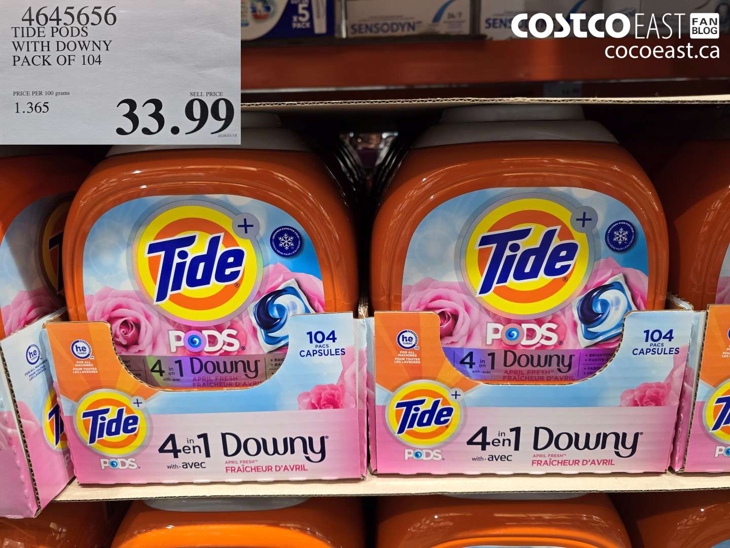 4645656 TIDE PODS WITH DOWNY PACK OF 104 $33.99