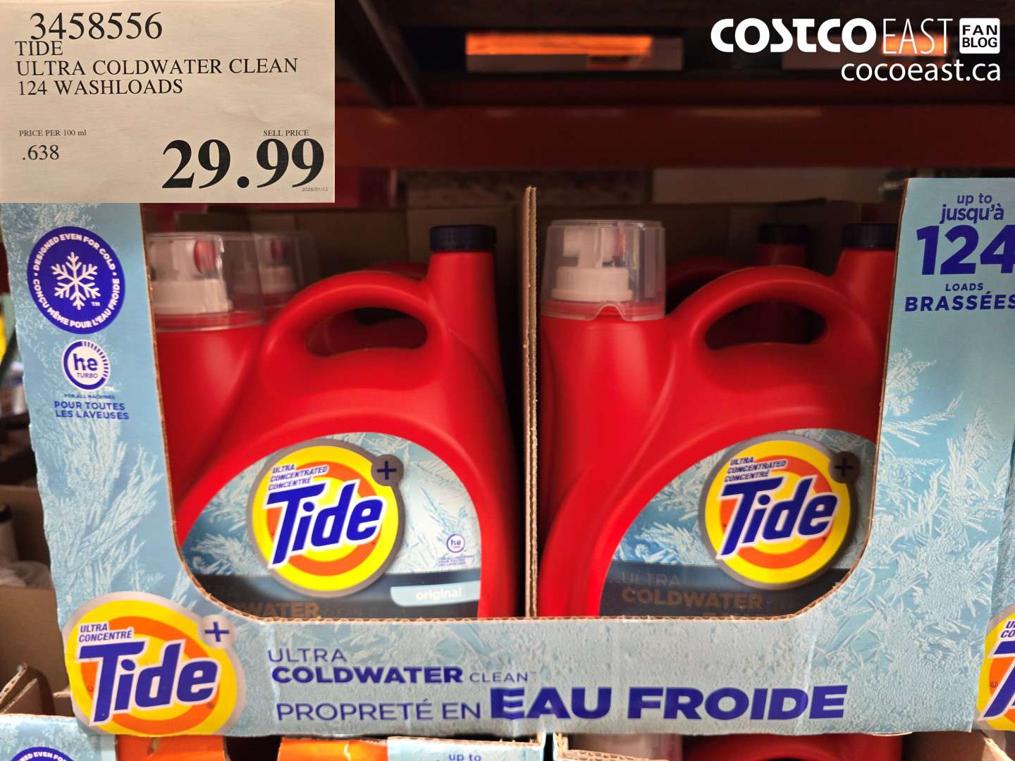 3458556 TIDE ULTRA COLDWATER CLEAN 124 WASHLOADS $29.99