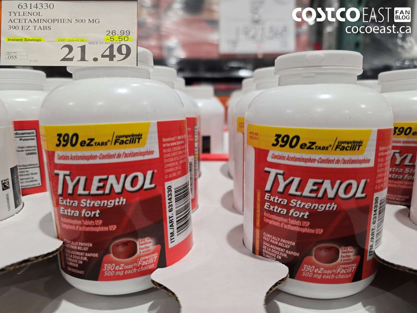 6314330 TYLENOL ACETAMINOPHEN 500MG 390 EZ TABS ($5.50 INSTANT SAVINGS EXPIRES ON 2026-01-18) $21.49