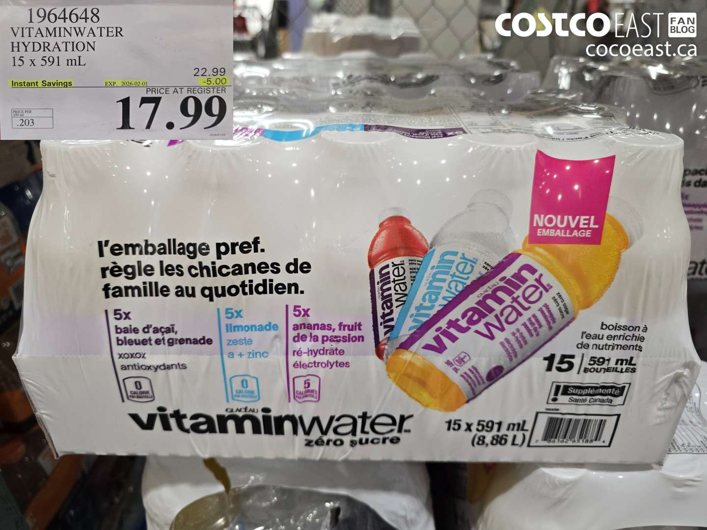1964648 VITAMINWATER ZERO SUGAR VARIETY 15 x 591 mL ($5.00 INSTANT SAVINGS EXPIRES ON 2026-02-01) $17.99
