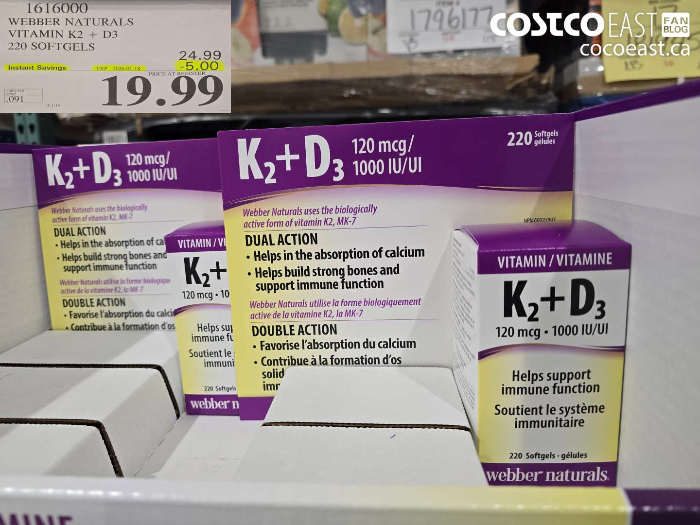 1616000 WEBBER NATURALS VITAMIN K2+D3 220 SOFTGELS ($5.00 INSTANT SAVINGS EXPIRES ON 2026-01-18) $19.99