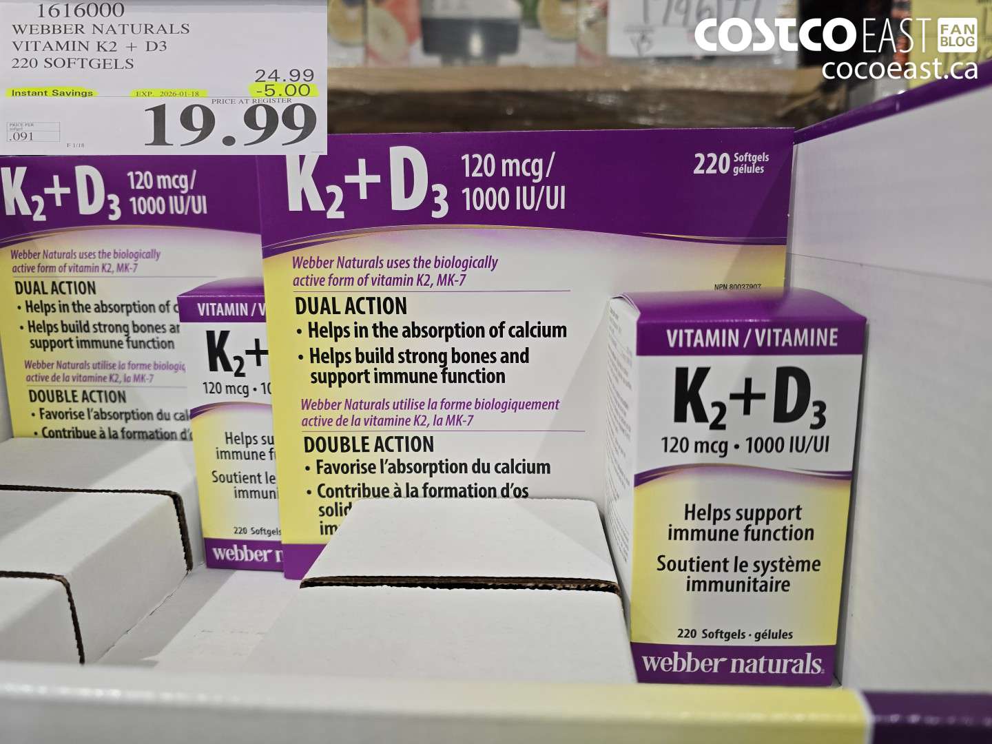 1616000 WEBBER NATURALS VITAMIN K2+D3 220 SOFTGELS ($5.00 INSTANT SAVINGS EXPIRES ON 2026-01-18) $19.99