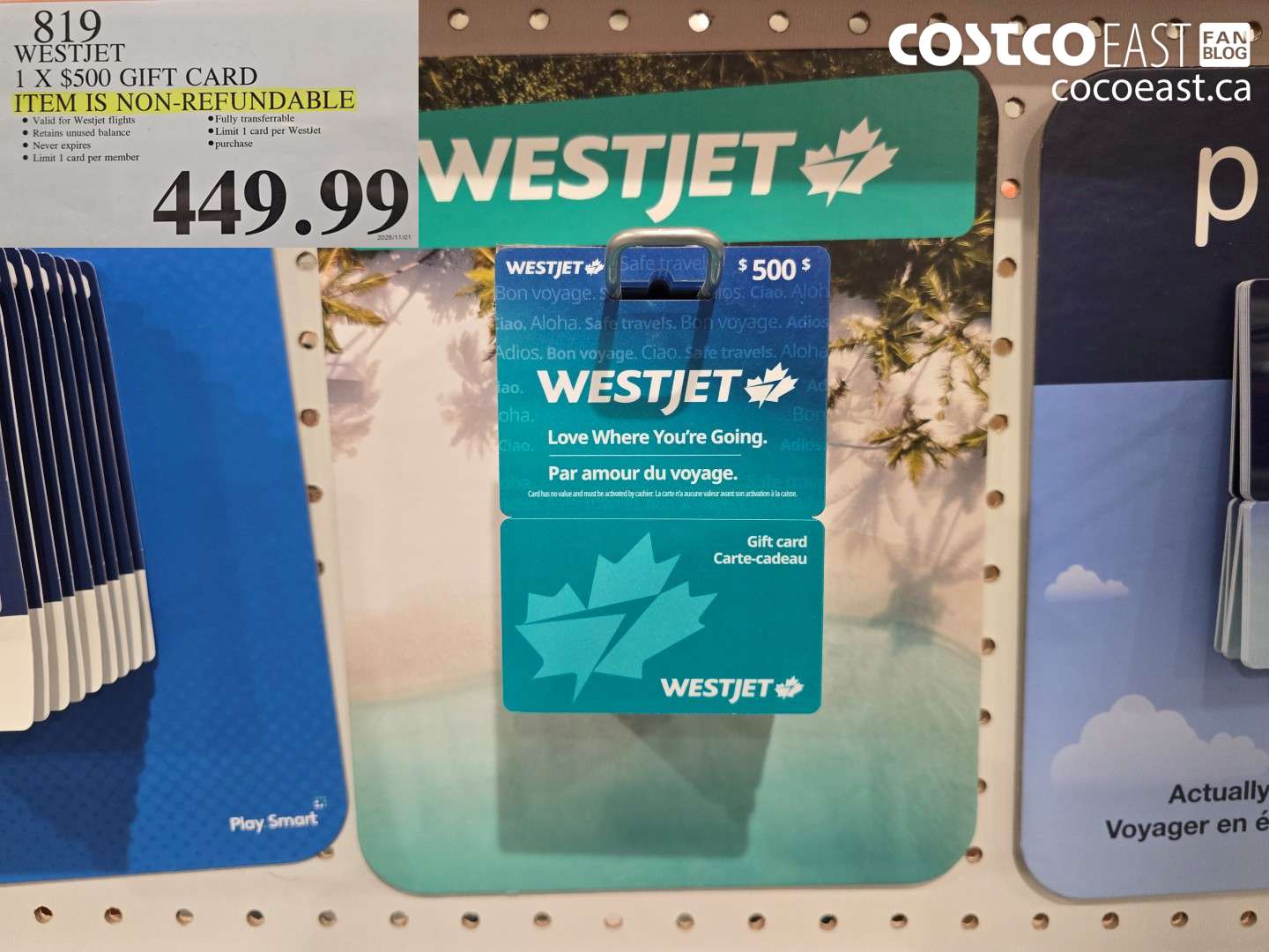819 WESTJET 3500 GIFT CARD ACTIVATED AT REGISTER NON-REFUNDABLE $449.99