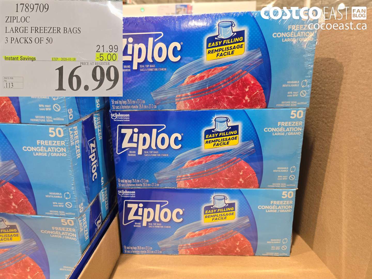 1789709 ZIPLOC LARGE FREEZER BAGS 3 PACKS OF 50 ($5.00 INSTANT SAVINGS EXPIRES ON 2026-01-18) $16.99