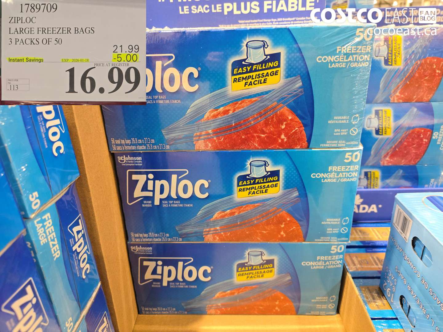 1789709 ZIPLOC LARGE FREEZER BAGS 3 PACKS OF 50 ($5.00 INSTANT SAVINGS EXPIRES ON 2026-01-18) $16.99