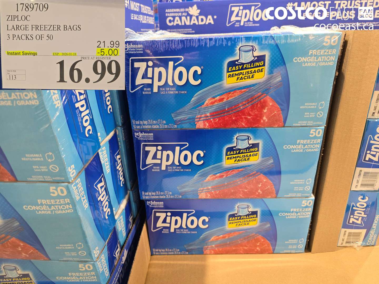 1789709 ZIPLOC LARGE FREEZER BAGS 3 PACKS OF 50 ($5.00 INSTANT SAVINGS EXPIRES ON 2026-01-18) $16.99