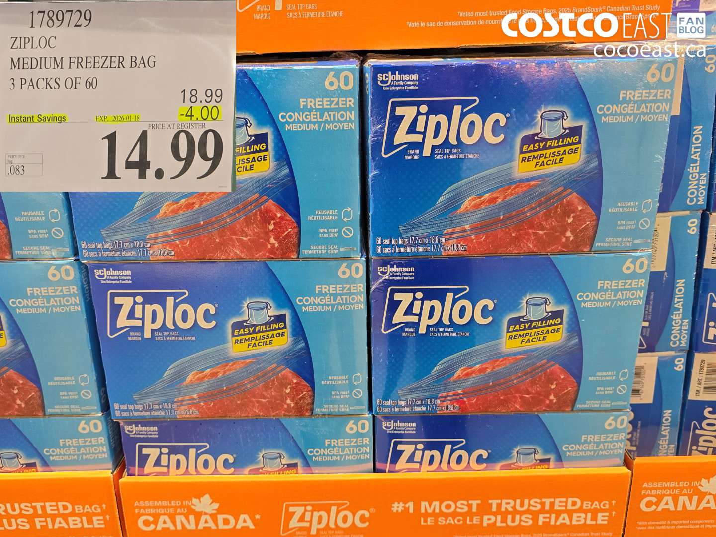 1789729 ZIPLOC MEDIUM FREEZER BAG 3 PACKS OF 60 ($4.00 INSTANT SAVINGS EXPIRES ON 2026-01-18) $14.99