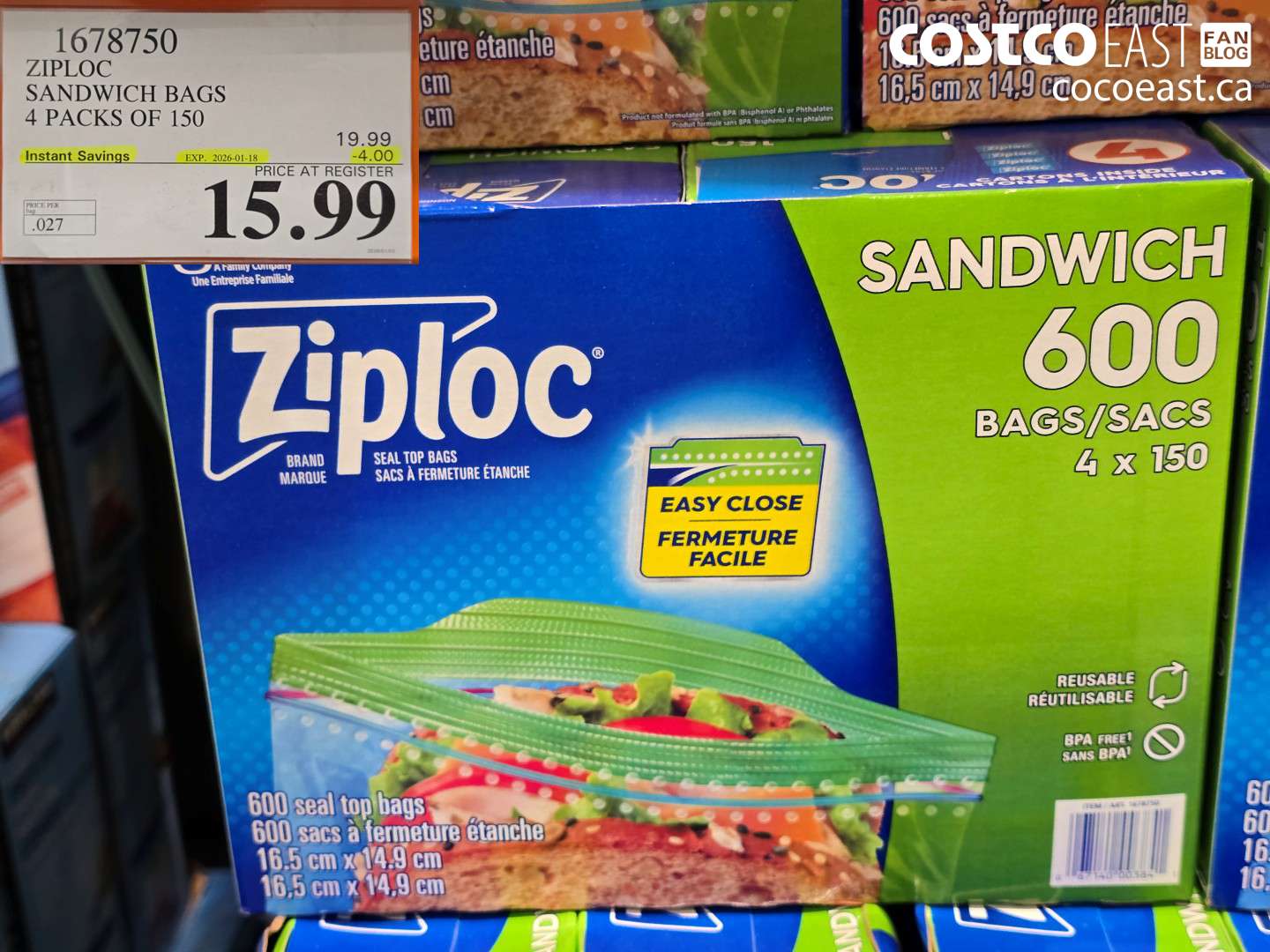 1678750 ZIPLOC SANDWICH BAGS 4 PACKS OF 150 206-01-18 ($4.00 INSTANT SAVINGS) $15.99