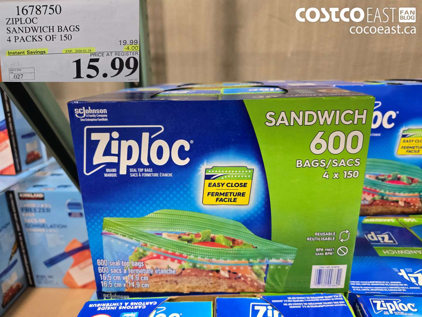 1678750 ZIPLOC SANDWICH BAGS 4 PACKS OF 150 ($4.00 INSTANT SAVINGS EXPIRES ON 2026-01-18) $15.99