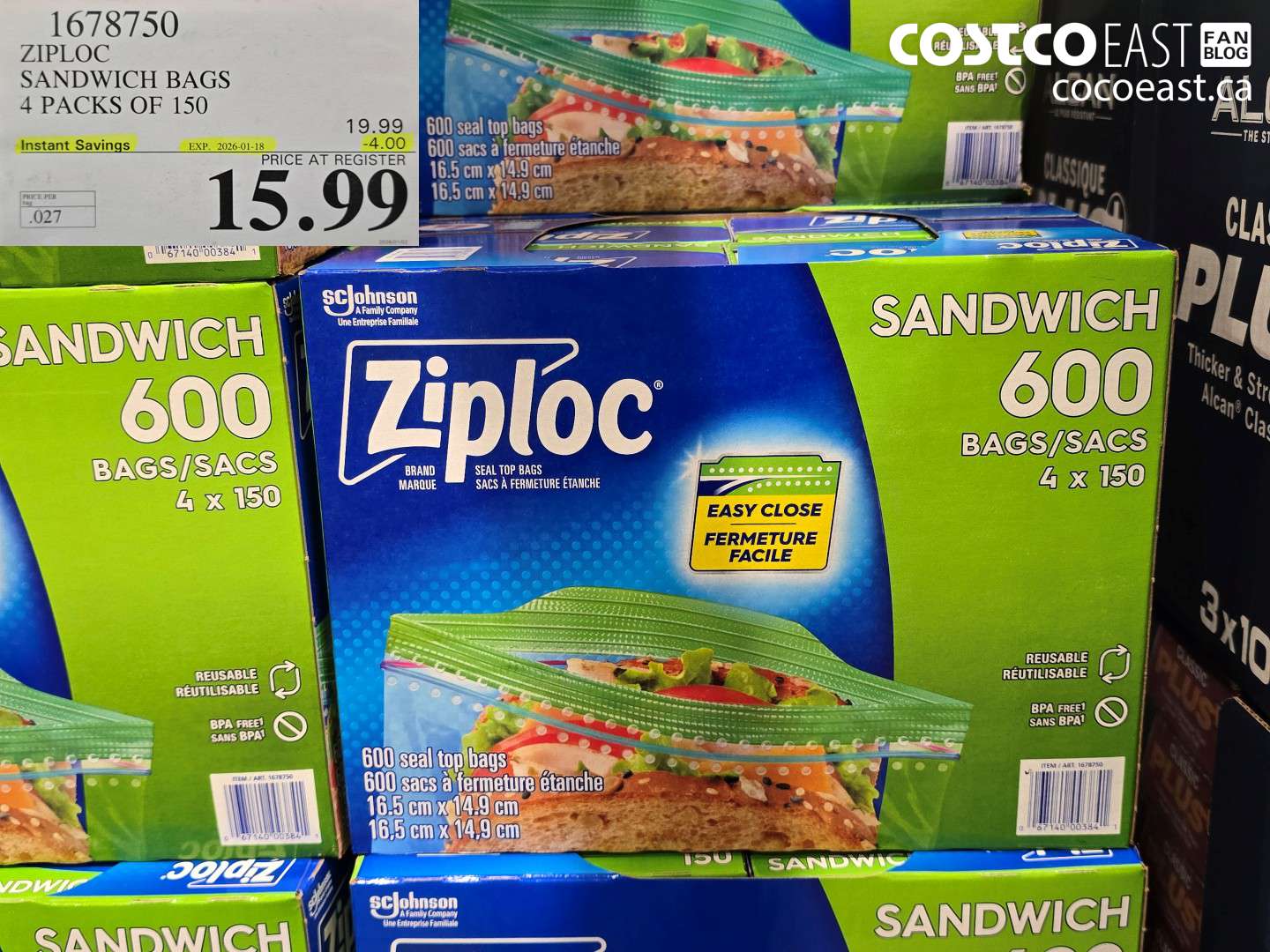 1678750 ZIPLOC SANDWICH BAGS 4 PACKS OF 150 ($4.00 INSTANT SAVINGS EXPIRES ON 2026-01-18) $15.99