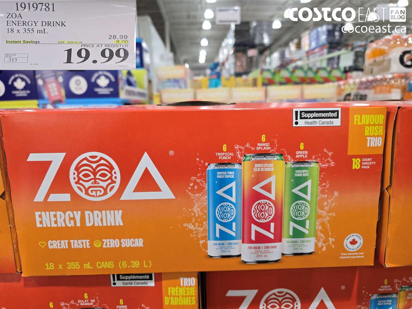 1919781 ZOA ENERGY DRINK 18 X 355 ML ($9.00 INSTANT SAVINGS EXPIRES ON 2026-01-18) $19.99