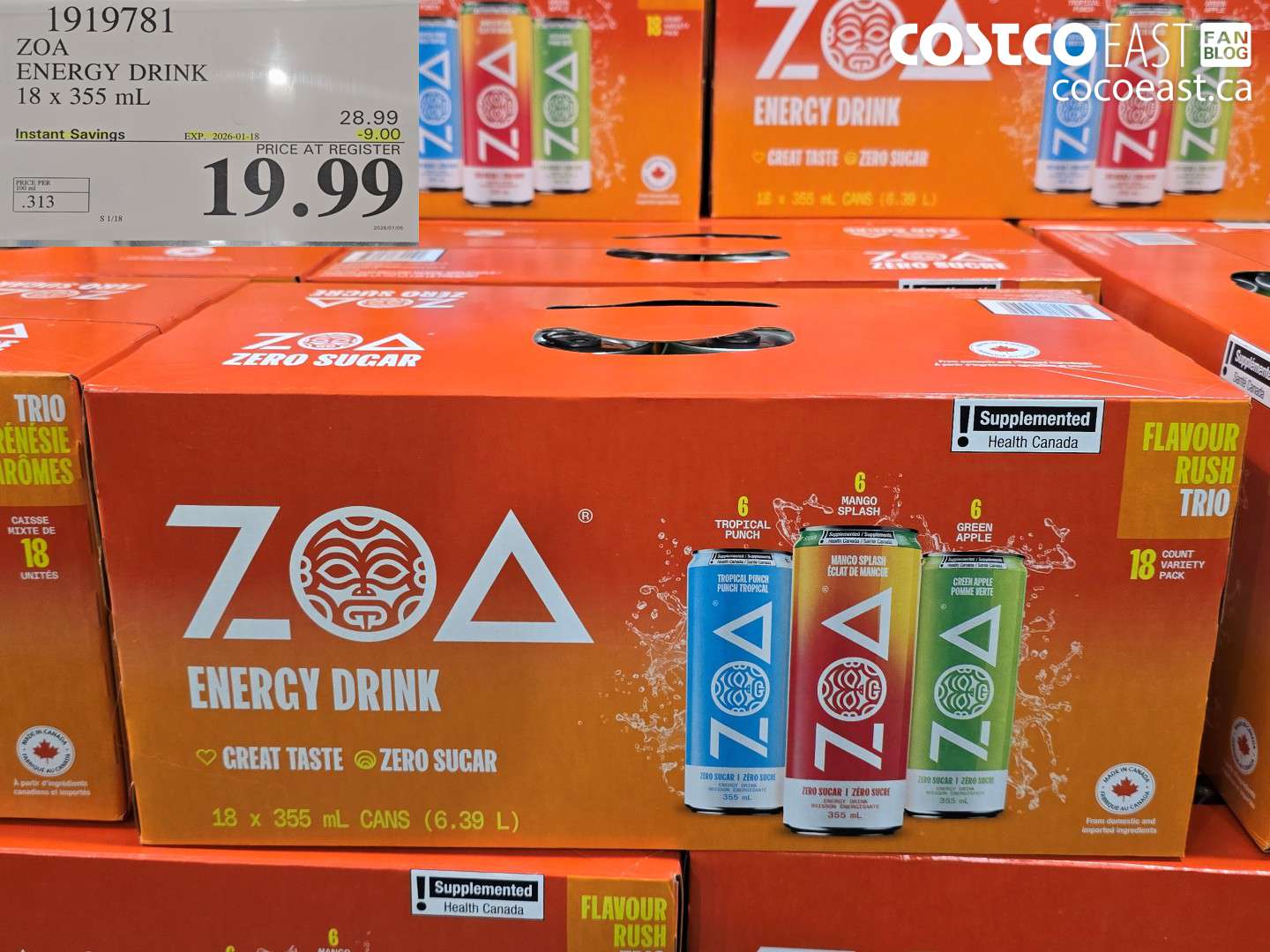 1919781 ZOA ENERGY DRINK 18 X 355 ML ($9.00 INSTANT SAVINGS EXPIRES ON 2026-01-18) $19.99