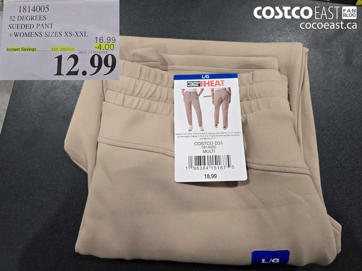 1814005 32 DEGREES SUEDED PANT +WOMENS SIZES XS-XXL ($4.00 INSTANT SAVINGS EXPIRES ON 2026-02-15) $12.99
