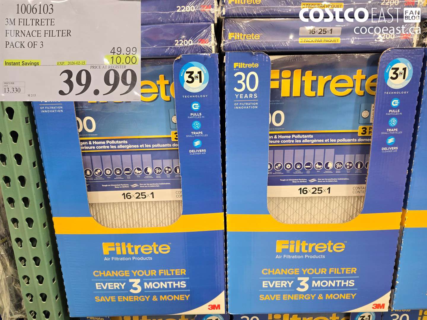 1006103 3M FILTRETE FURNACE FILTER PACK OF 3 ($10.00 INSTANT SAVINGS EXPIRES ON 2026-02-15) $39.99