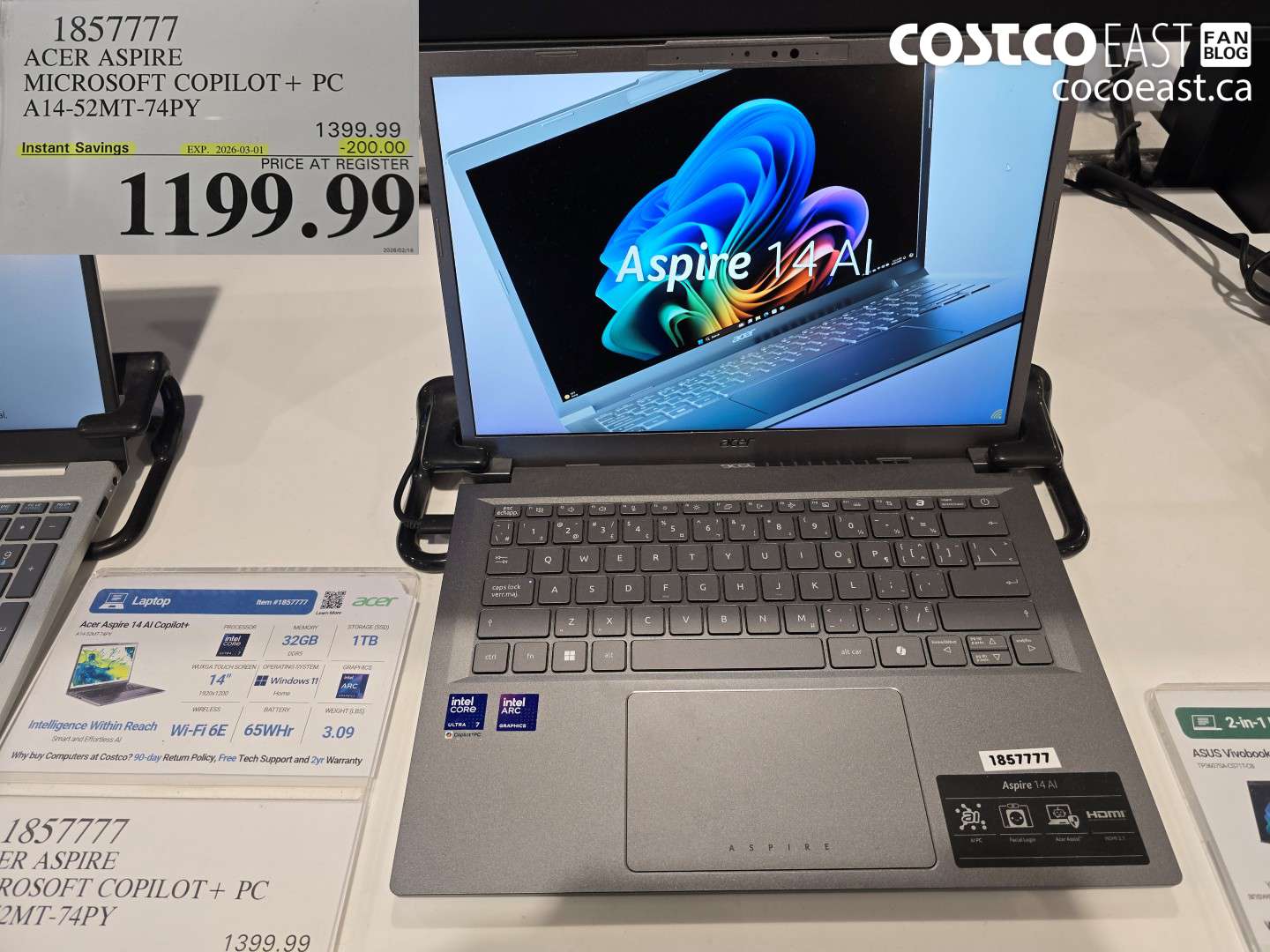 1857777 ACER ASPIRE MICROSOFT COPILOT+ PC A14-52MT-74PY ($200.00 INSTANT SAVINGS EXPIRES ON 2026-03-01) $1199.99