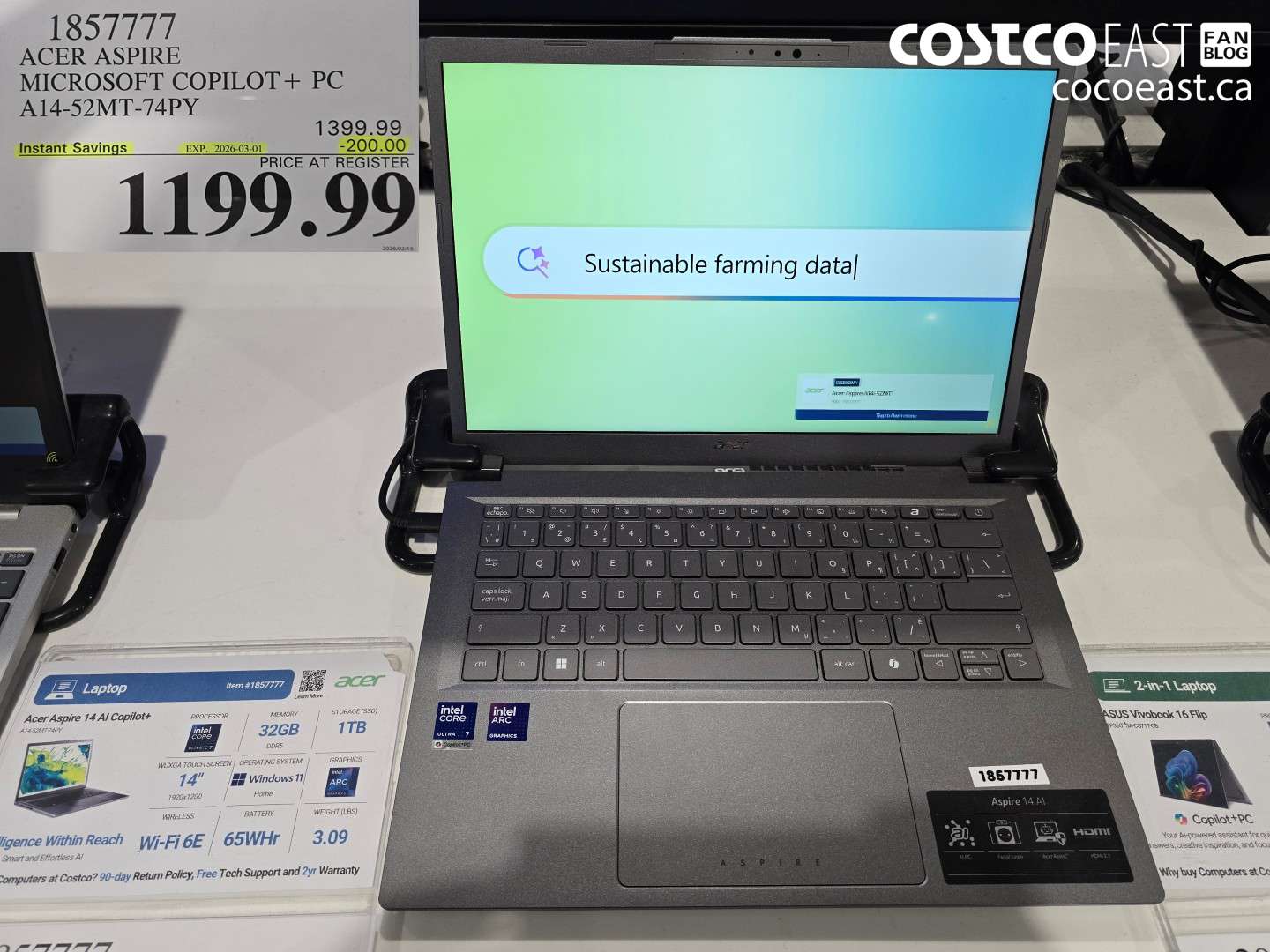 1857777 ACER ASPIRE MICROSOFT COPILOT + PC A14-52MT-74PY ($200.00 INSTANT SAVINGS EXPIRES ON 2026-03-01) $1199.99