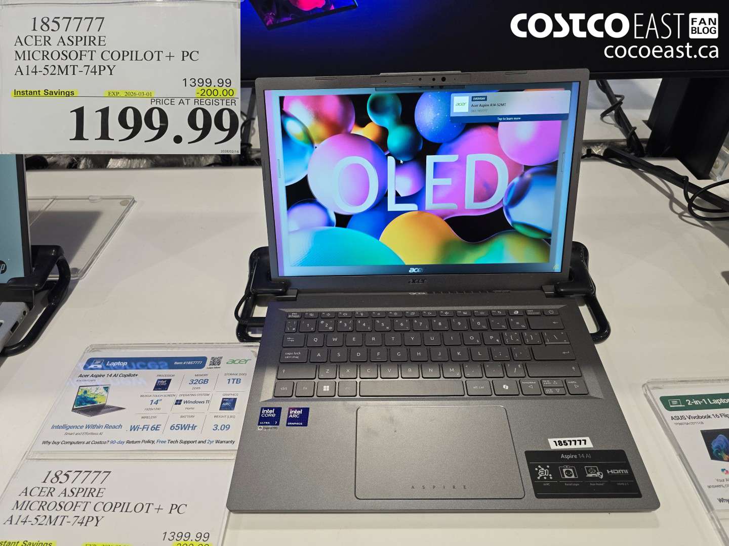 1857777 ACER ASPIRE MICROSOFT COPILOT + PC A14-52MT-74PY ($200.00 INSTANT SAVINGS EXPIRES ON 2026-03-01) $1199.99