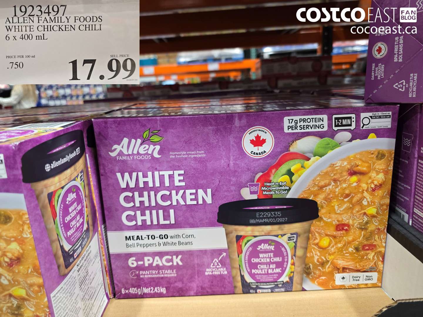 1923497 ALLEN FAMILY FOODS WHITE CHICKEN CHILI 6 x 400 mL $17.99