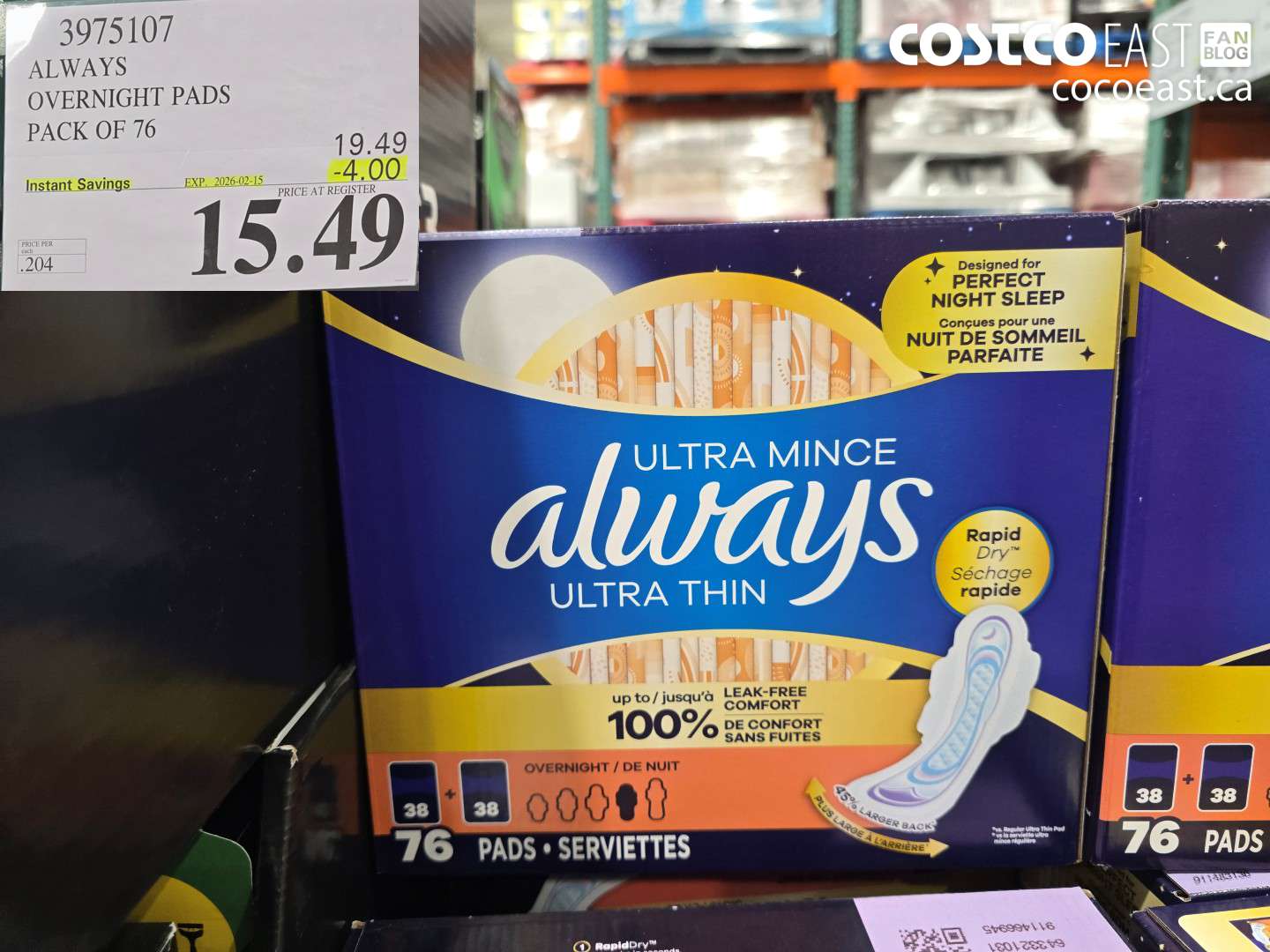 3975107 ALWAYS OVERNIGHT PADS PACK OF 76 ($4.00 INSTANT SAVINGS EXPIRES ON 2026-02-15) $15.49