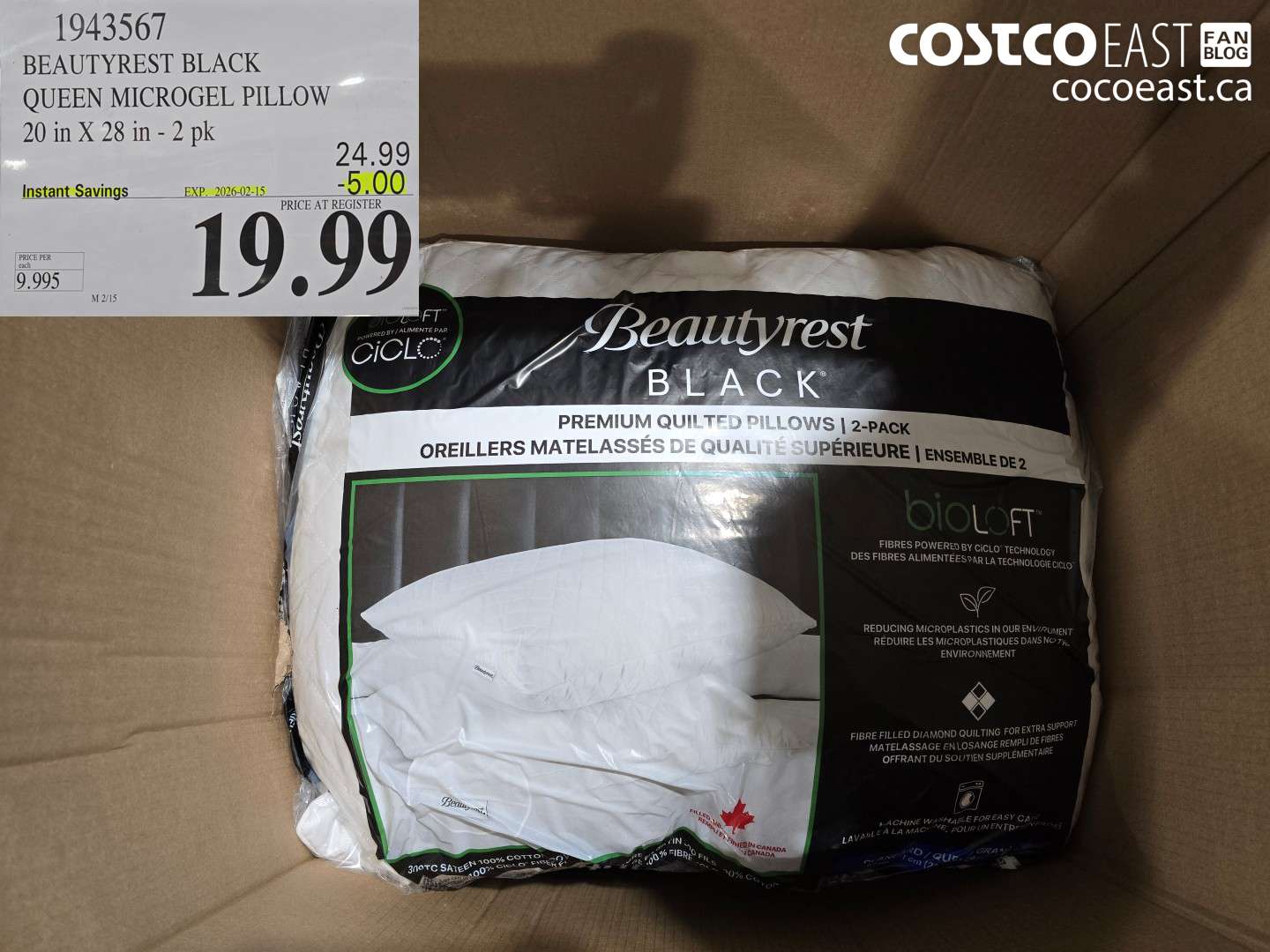 1943567 BEAUTYREST BLACK QUEEN MICROGEL PILLOW 20 in X 28 in - 2 pk ($5.00 INSTANT SAVINGS EXPIRES ON 2026-02-15) $19.99