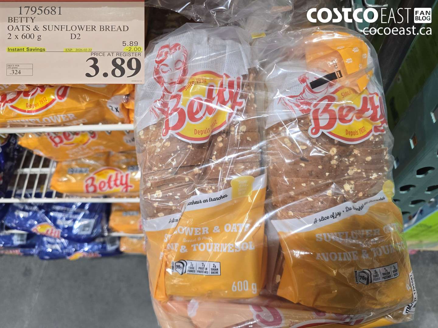 1795681 BETTY OATS & SUNFLOWER BREAD 2 x 600 g ($2.00 INSTANT SAVINGS EXPIRES ON 2026-02-22) $3.89