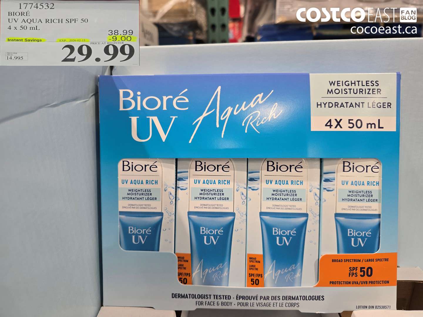 1774532 BIORE UV AQUA RICH SPF 50 4 x 50 ML ($9.00 INSTANT SAVINGS EXPIRES ON 2026-02-15) $29.99