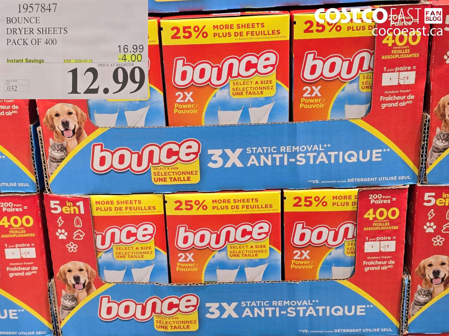 1957847 BOUNCE DRYER SHEETS PACK OF 400 ($4.00 INSTANT SAVINGS EXPIRES ON 2026-03-15) $12.99