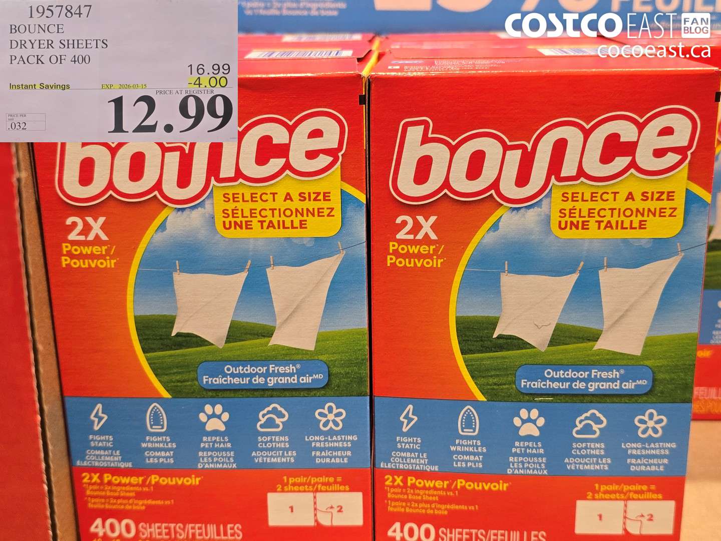 1957847 BOUNCE DRYER SHEETS PACK OF 400 ($4.00 INSTANT SAVINGS EXPIRES ON 2026-03-15) $12.99