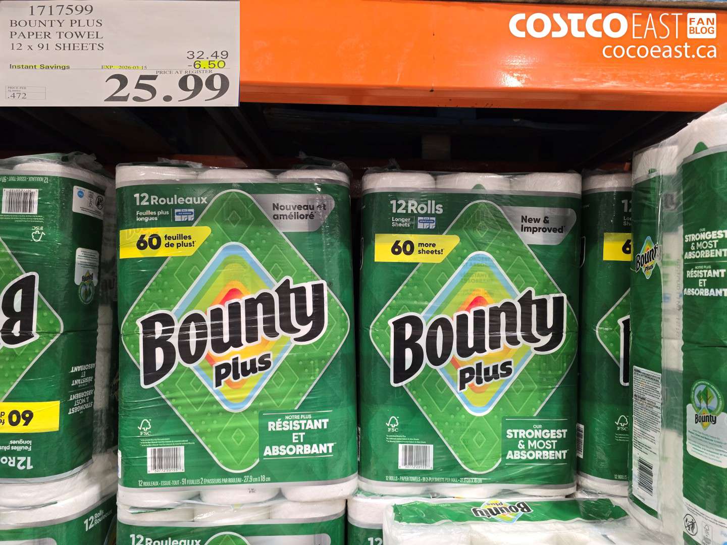 1717599 BOUNTY PLUS PAPER TOWEL 12 X 91 SHEETS ($6.50 INSTANT SAVINGS EXPIRES ON 2026-03-15) $25.99