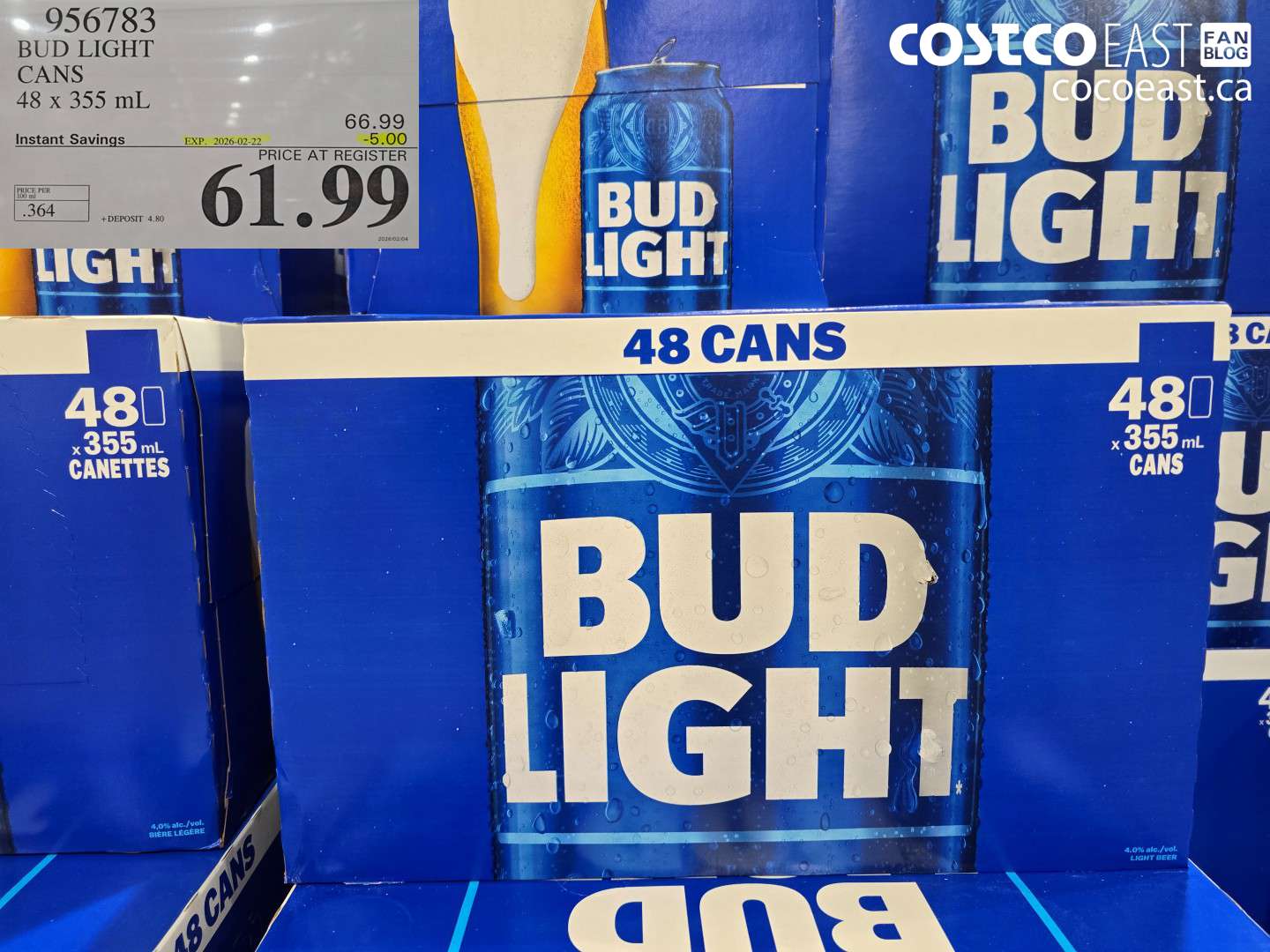 956783 BUD LIGHT CANS 48 x 355 mL ($5.00 INSTANT SAVINGS EXPIRES ON 2026-02-22) $61.99
