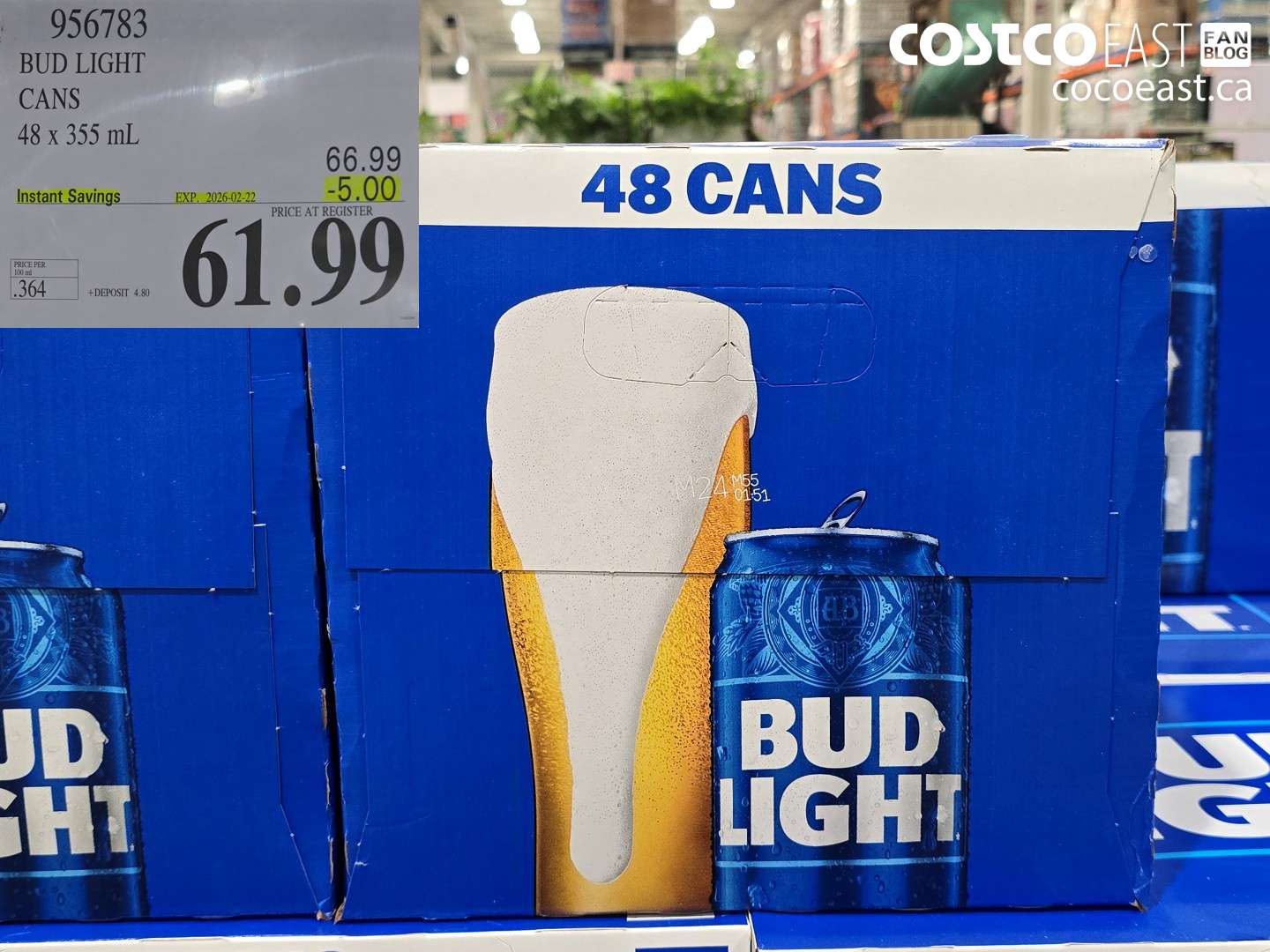 956783 BUD LIGHT CANS 48 x 355 mL ($5.00 INSTANT SAVINGS EXPIRES ON 2026-02-22) $61.99