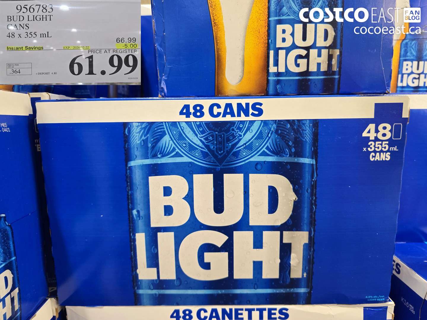 956783 BUD LIGHT CANS 48 x 355 mL ($5.00 INSTANT SAVINGS EXPIRES ON 2026-02-22) $61.99