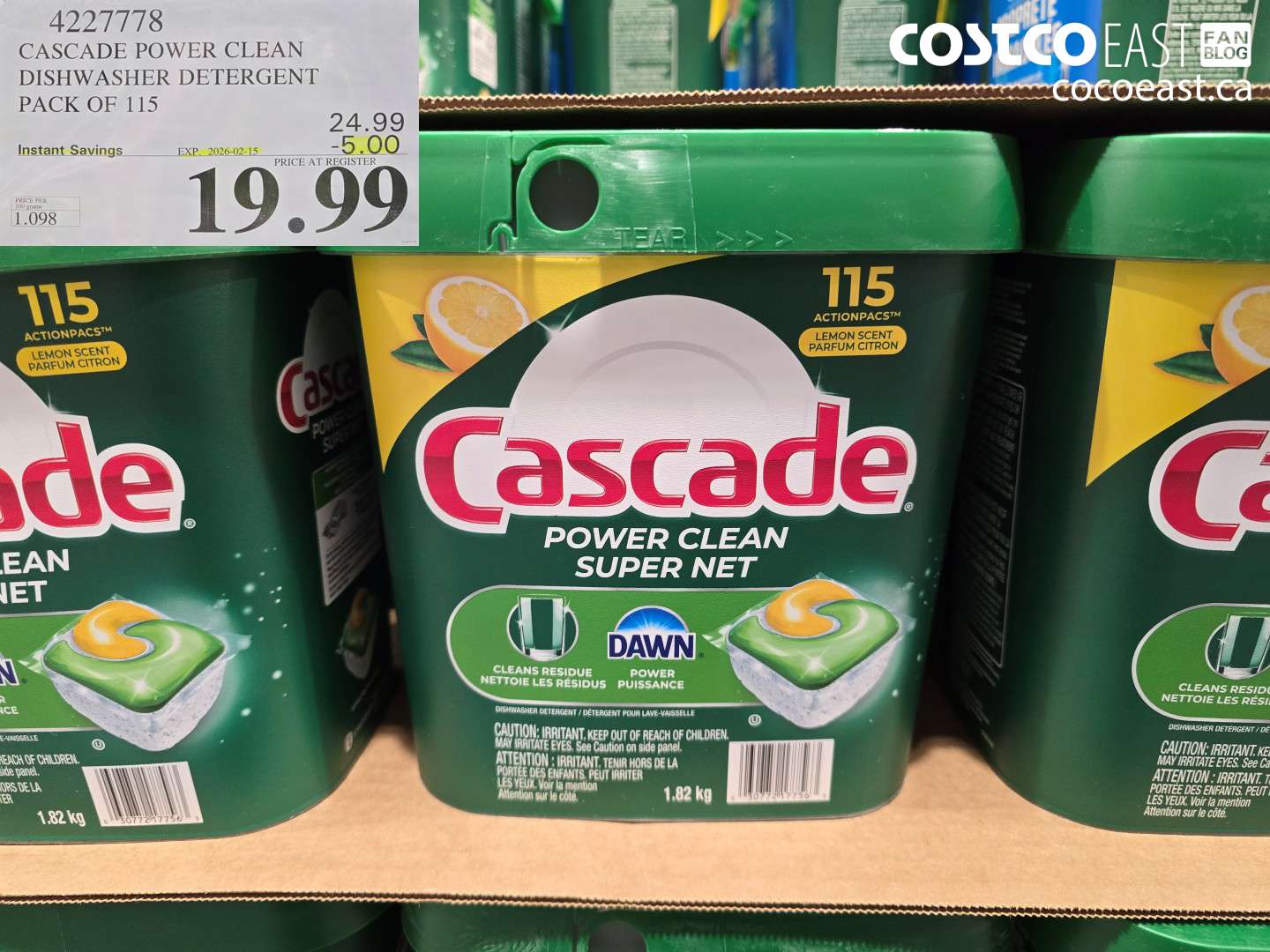 4227778 CASCADE POEWR CLEAN DISHWASHER DETERGENT PACK OF 115 ($5.00 INSTANT SAVINGS EXPIRES ON 2026-02-15) $19.99
