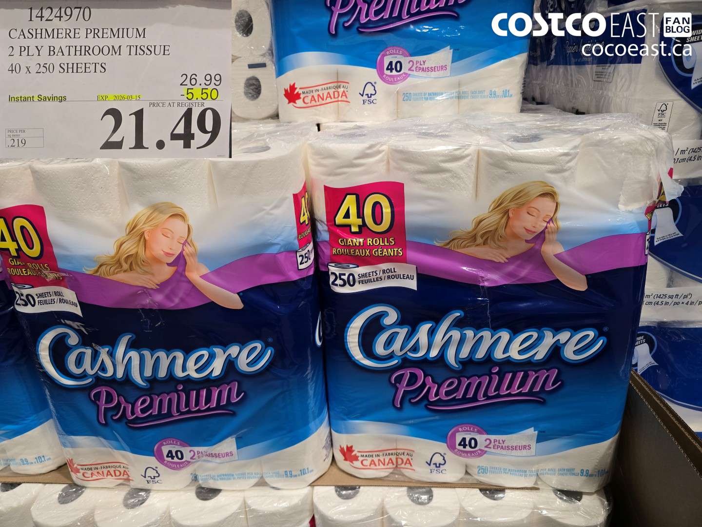 1424970 CASHMERE PREMIUM 2 PLY BATHROOM TISSUE 40 X 250 SHEETS ($5.50 INSTANT SAVINGS EXPIRES ON 2026-03-15) $21.49