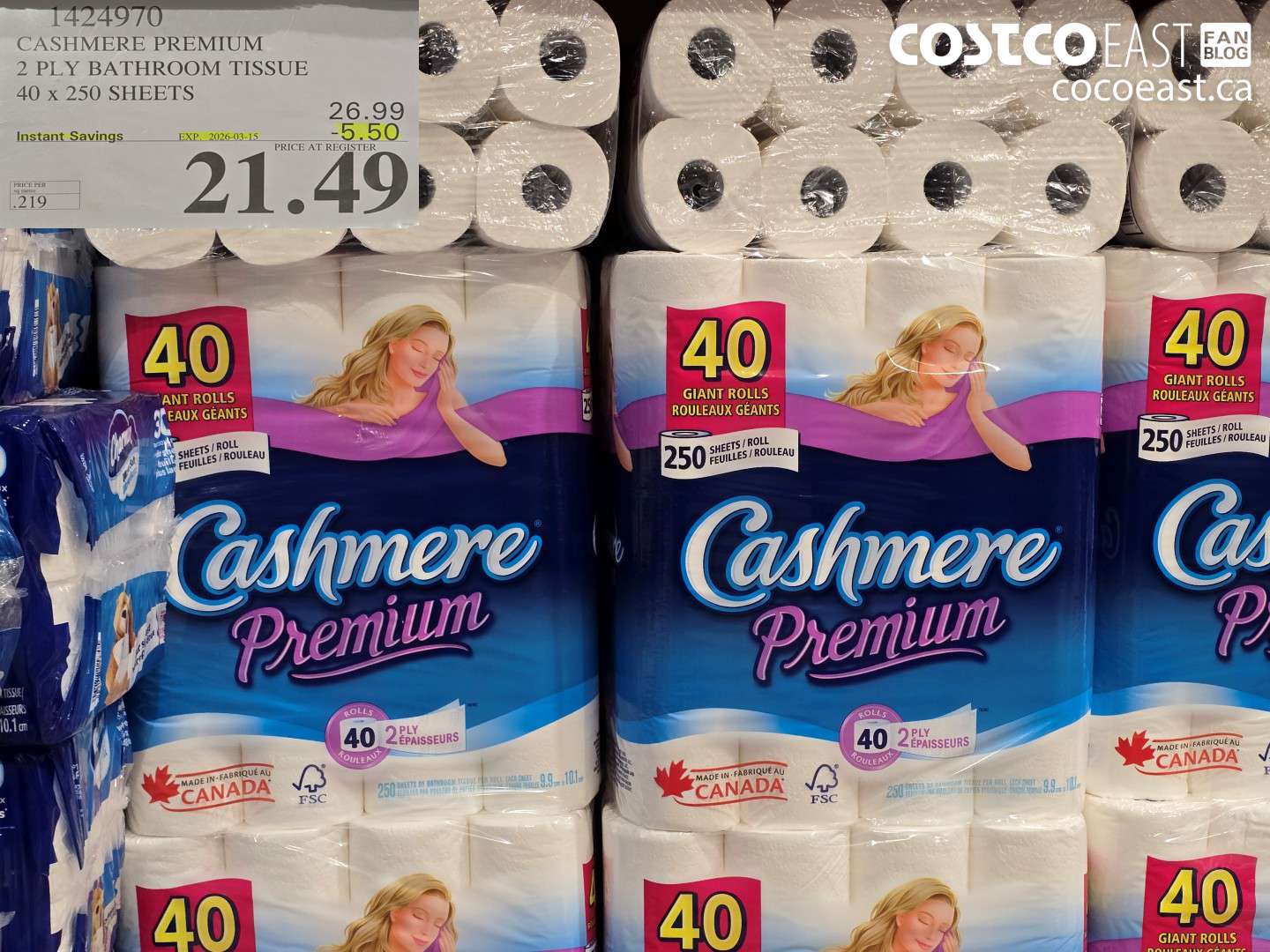 1424970 CASHMERE PREMIUM 2 PLY BATHROOM TISSUE 40 x 250 SHEETS ($5.50 INSTANT SAVINGS EXPIRES ON 2026-03-15) $21.49