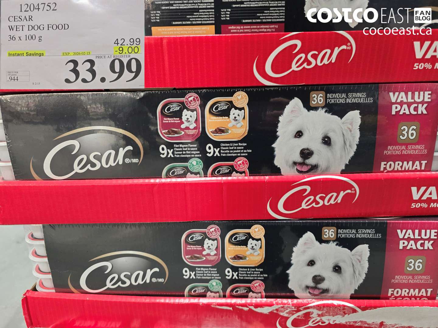 1204752 CESAR WET DOG FOOD 36 x 100 g ($9.00 INSTANT SAVINGS EXPIRES ON 2026-02-15) $33.99