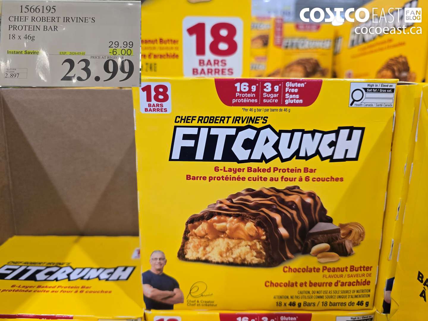 1566195 CHEF ROBERT IRVINE'S PROTEIN BAR 18 X 46G ($6.00 INSTANT SAVINGS EXPIRES ON 2026-03-01) $23.99