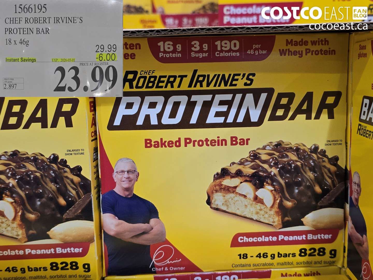 1566195 CHEF ROBERT IRVINE'S PROTEIN BAR, 18 x 46g ($6.00 INSTANT SAVINGS EXPIRES ON 2026-03-01) $23.99