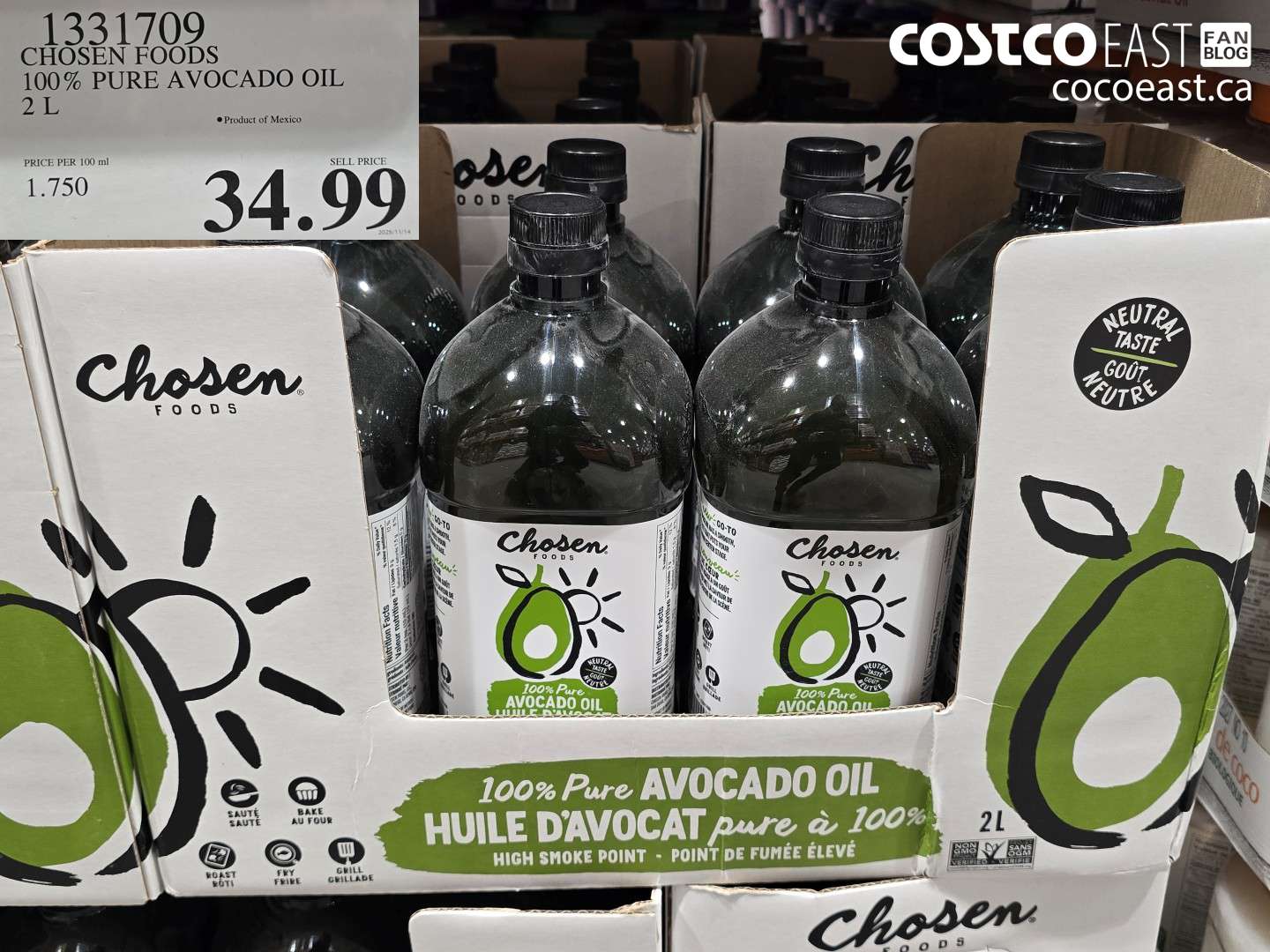 1331709 CHOSEN FOODS 100% PURE AVOCADO OIL 2 L $34.99