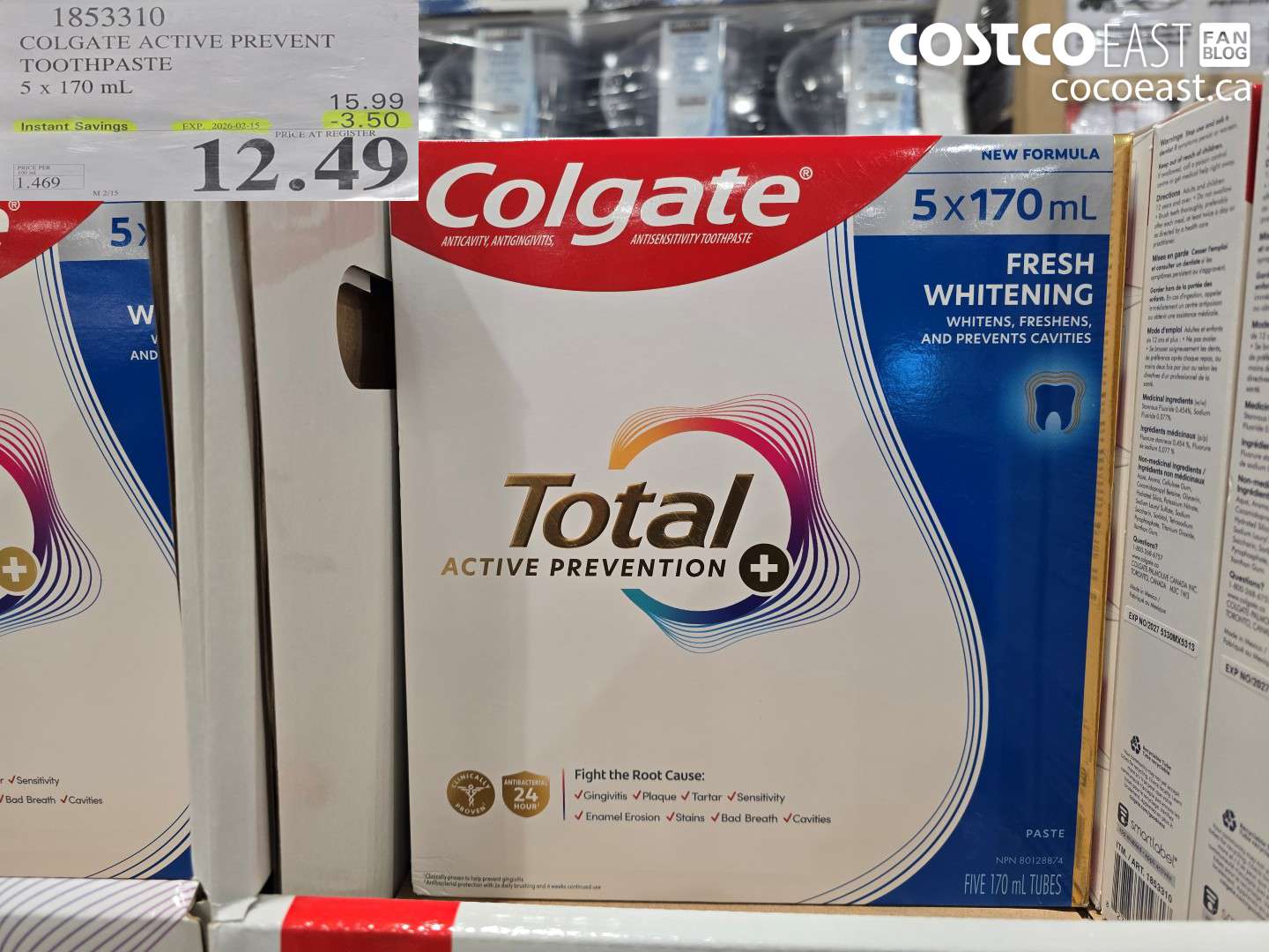 1853310 COLGATE ACTIVE PREVENT TOOTHPASTE 5 x 170 mL ($3.50 INSTANT SAVINGS EXPIRES ON 2026-02-15) $12.49