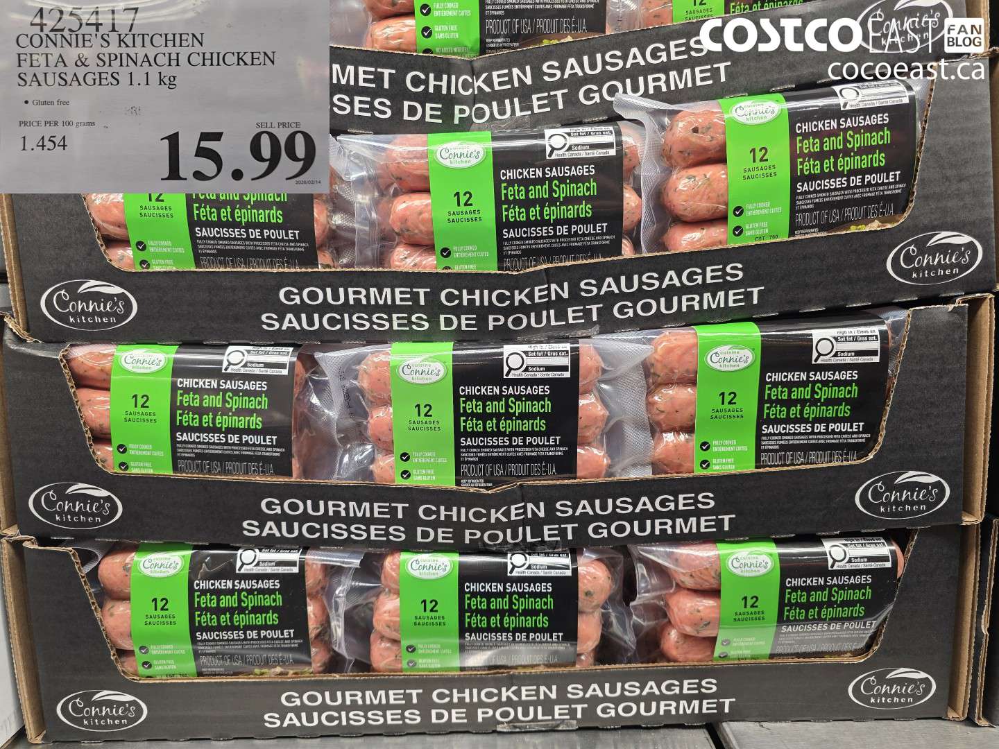 425417 CONNIE'S KITCHEN FETA & SPINACH CHICKEN SAUSAGES 1.1 KG $15.99
