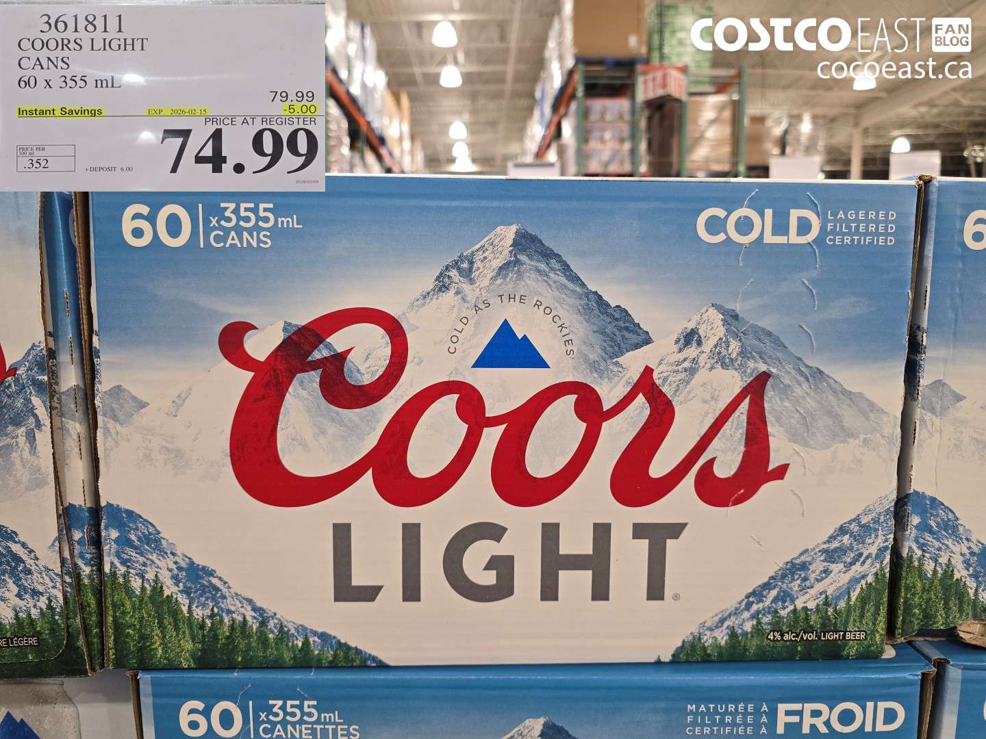 361811 COORS LIGHT CANS 60 x 355 mL ($5.00 INSTANT SAVINGS EXPIRES ON 2026-02-15) $74.99