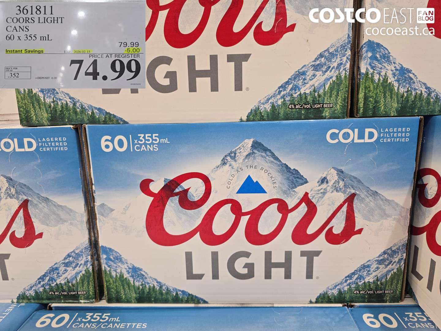 361811 COORS LIGHT CANS 60 x 355 ml ($3.00 INSTANT SAVINGS EXPIRES ON 2026-02-15) $74.99