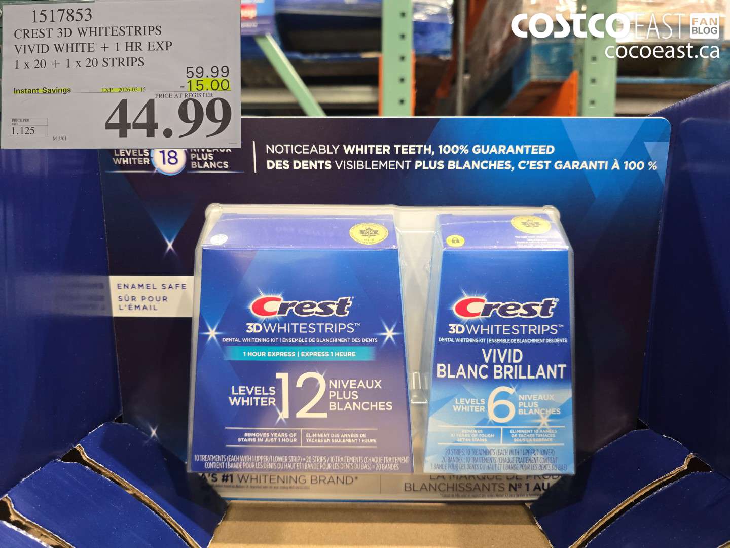 1517853 CREST 3D WHITESTRIPS VIVID WHITE + 1 HR EXP 1 X 20 + 1 X 20 STRIPS ($15.00 INSTANT SAVINGS EXPIRES ON 2026-03-15) $44.99