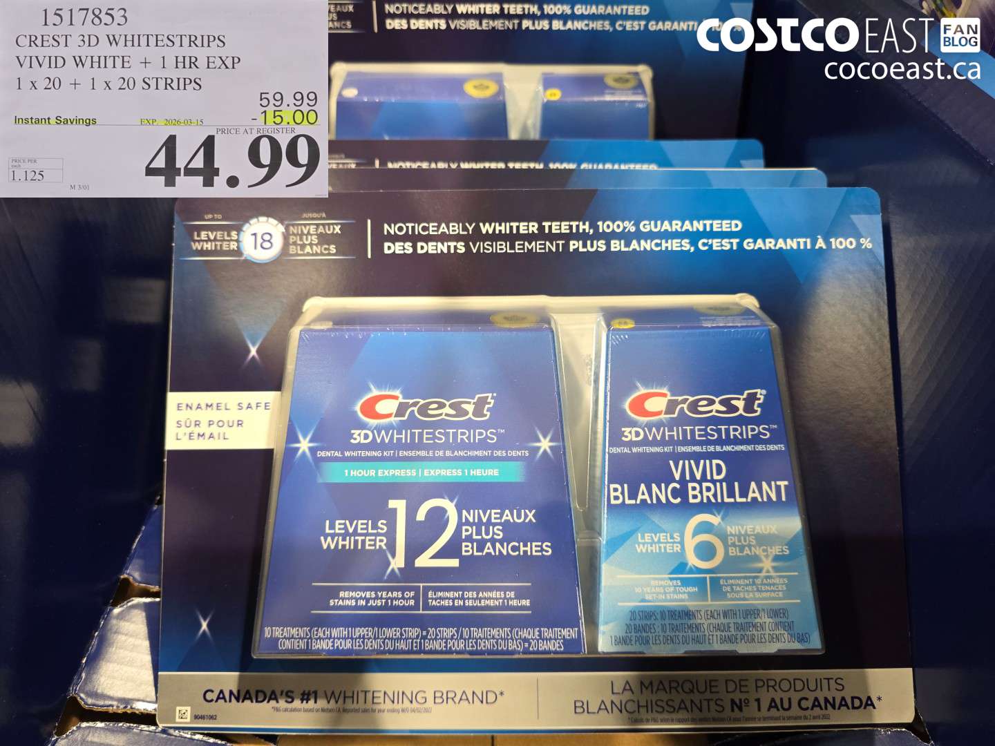 1517853 CREST 3D WHITESTRIPS VIVID WHITE + 1 HR EXP 1 x 20 + 1 x 20 STRIPS ($15.00 INSTANT SAVINGS EXPIRES ON 2026-03-15) $44.99