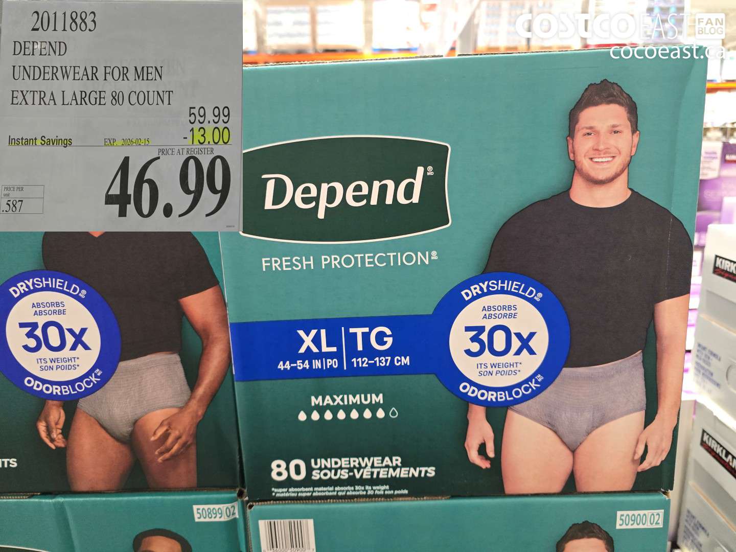 2011883 DEPEND UNDERWEAR FOR MEN EXTRA LARGE 80 COUNT ($13.00 INSTANT SAVINGS EXPIRES ON 2026-02-15) $46.99
