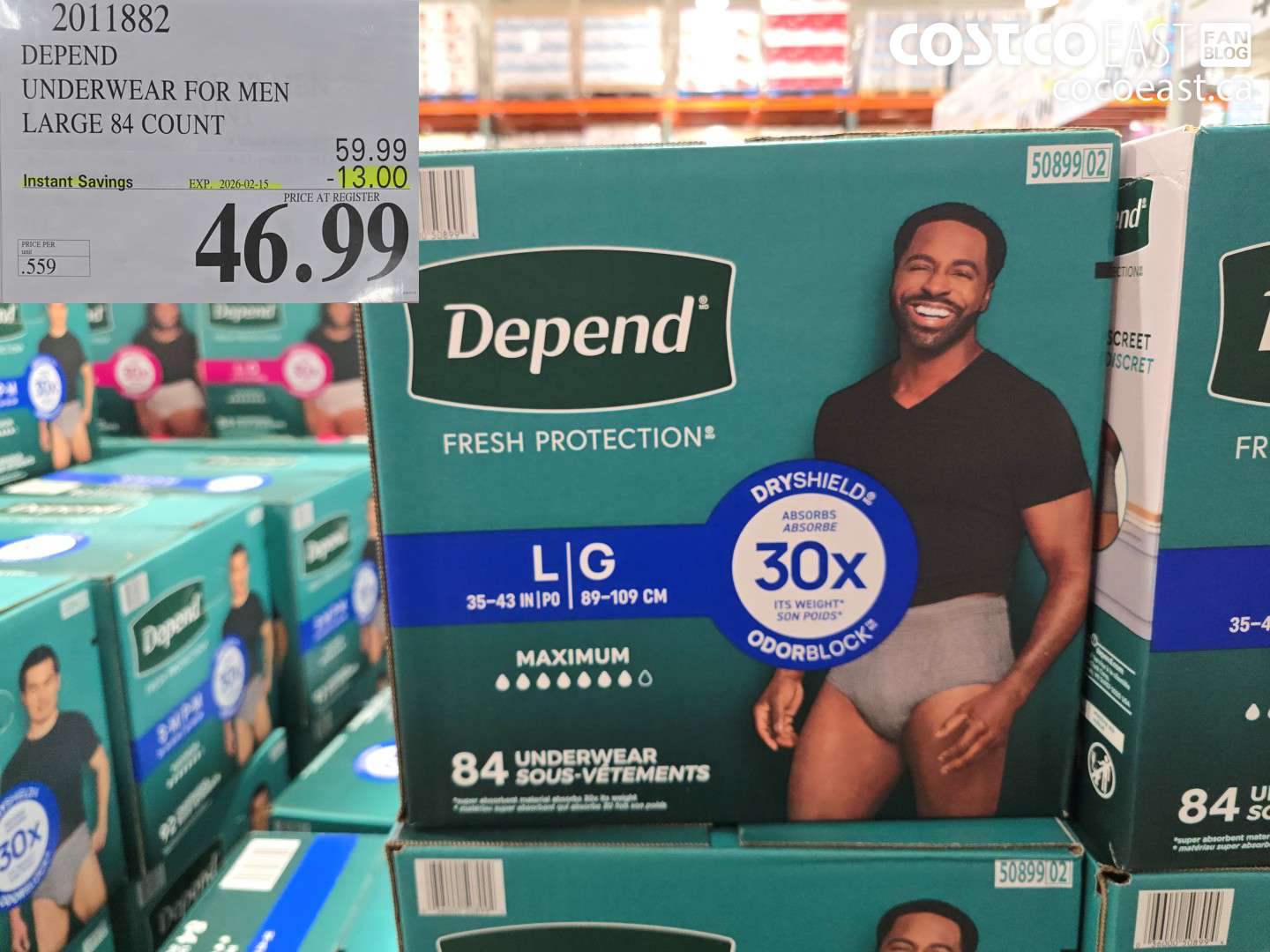 2011882 DEPEND UNDERWEAR FOR MEN LARGE 84 COUNT ($13.00 INSTANT SAVINGS EXPIRES ON 2026-02-15) $46.99