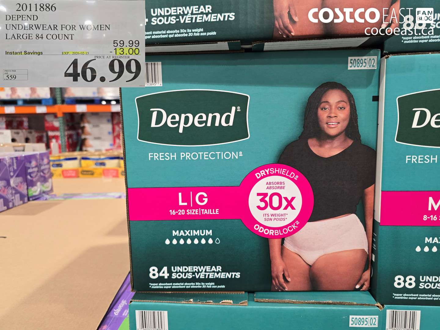 2011886 DEPEND UNDERWEAR FOR WOMEN LARGE 84 COUNT ($13.00 INSTANT SAVINGS EXPIRES ON 2026-02-15) $46.99
