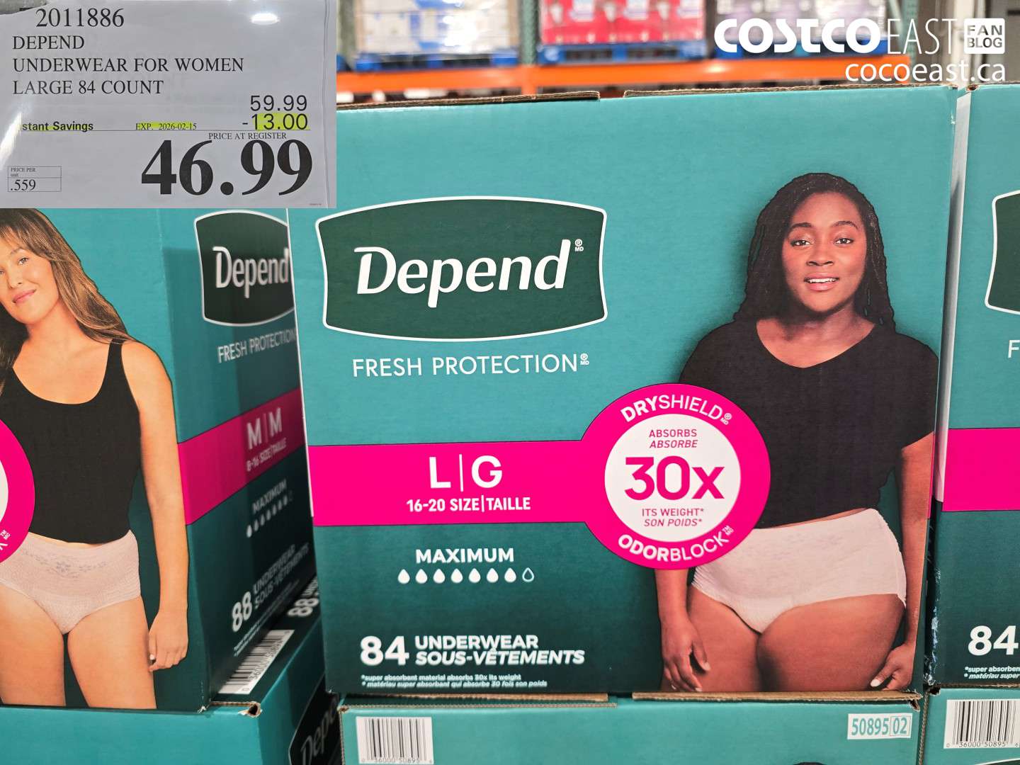 2011886 DEPEND UNDERWEAR FOR WOMEN LARGE 84 COUNT ($13.00 INSTANT SAVINGS EXPIRES ON 2026-02-15) $46.99